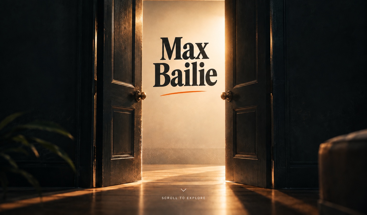 Open double doors with Max Bailie centered in the doorway